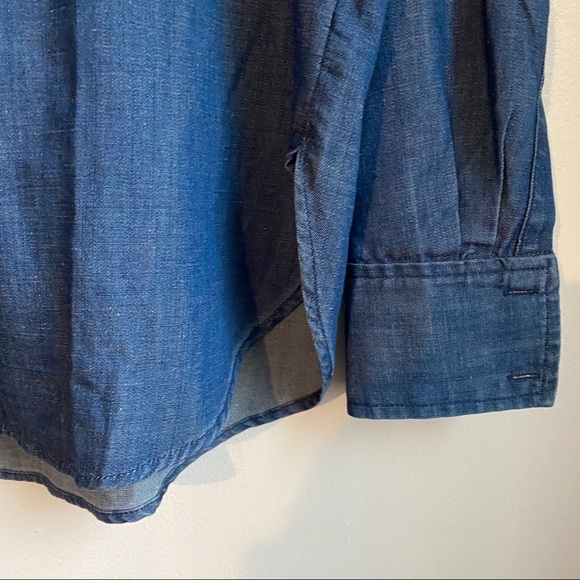 Loft Womens Denim Button Up Shirt Top Blue Ruffle Neck Long Sleeve Pockets - Picture 7 of 12